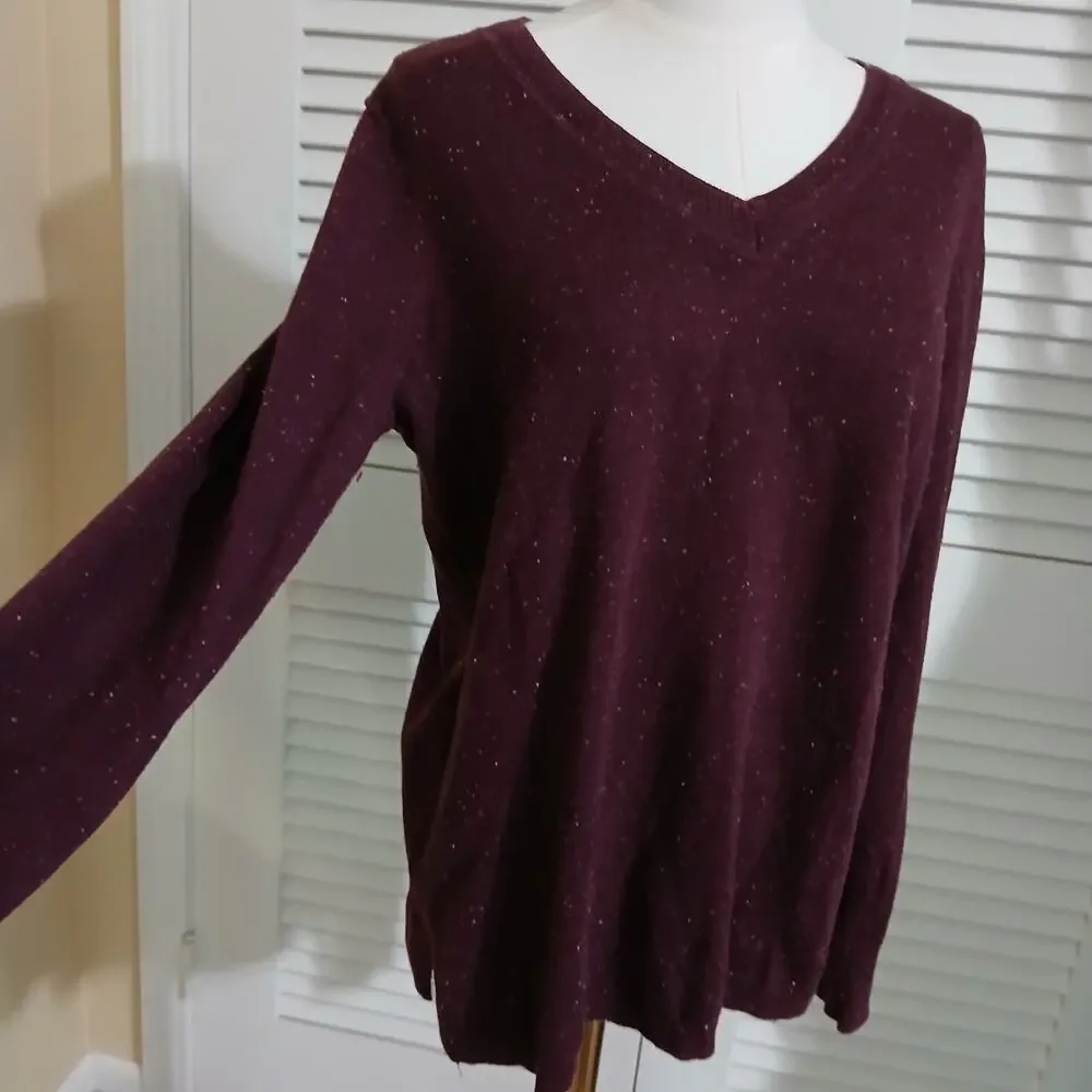 Talbots Med Maroon Multicolor Flecked V-Neck Sweater Cotton Blend Lightweight